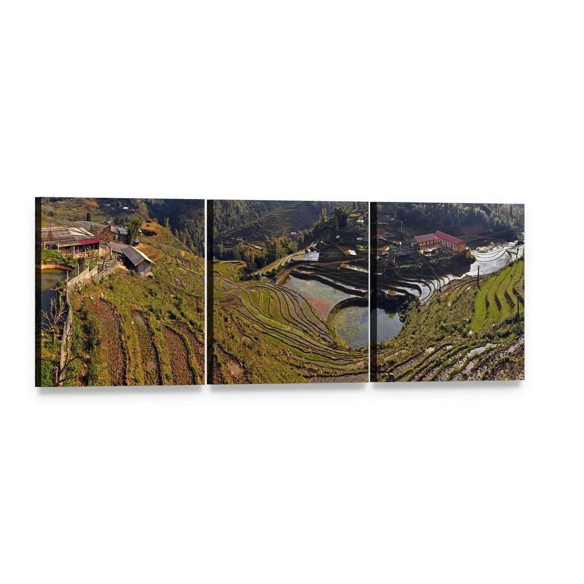 Terraced Rice Fields in Sapa, Vietnam Panoramic Canvas Wall Art, 3 panel 3 Piece layout gallery wrapped canvas set, angled product view