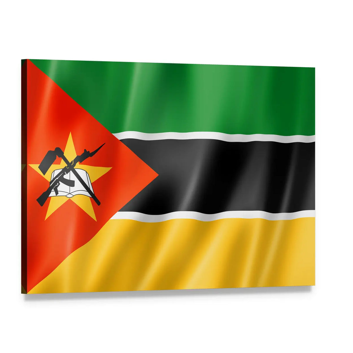 Mozambique Flag with Wavy Fabric Effect Canvas Wall Art, single panel gallery wrapped canvas, angled product view