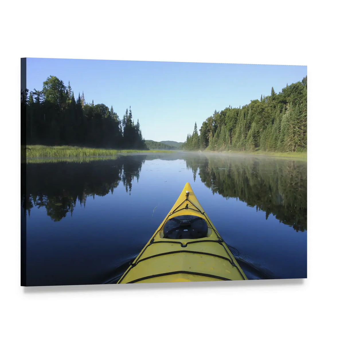 Yellow Kayak Bow on Glassy Lake Canvas Wall Art, single panel gallery wrapped canvas, angled product view