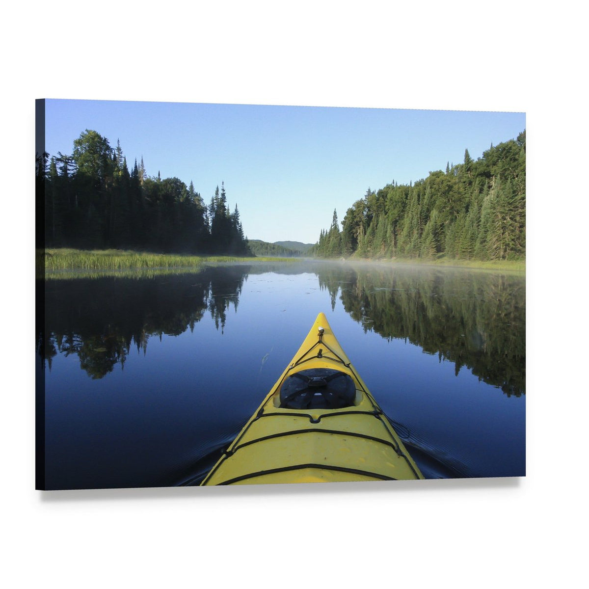 Kayak on a Quebec Lake Canvas Wall Art, single panel gallery wrapped canvas, angled product view