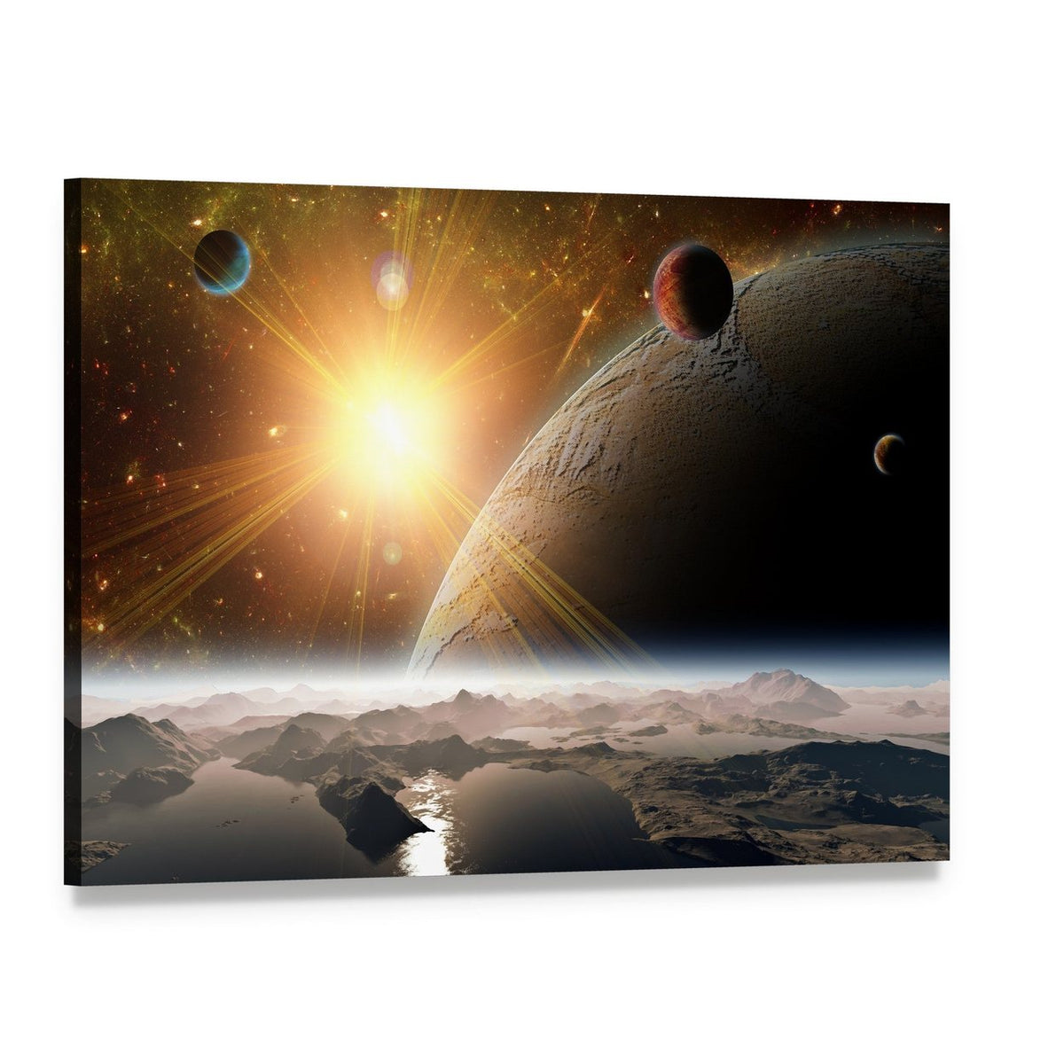 View of Planet Moons and Universe Canvas Wall Art, single panel gallery wrapped canvas, angled product view