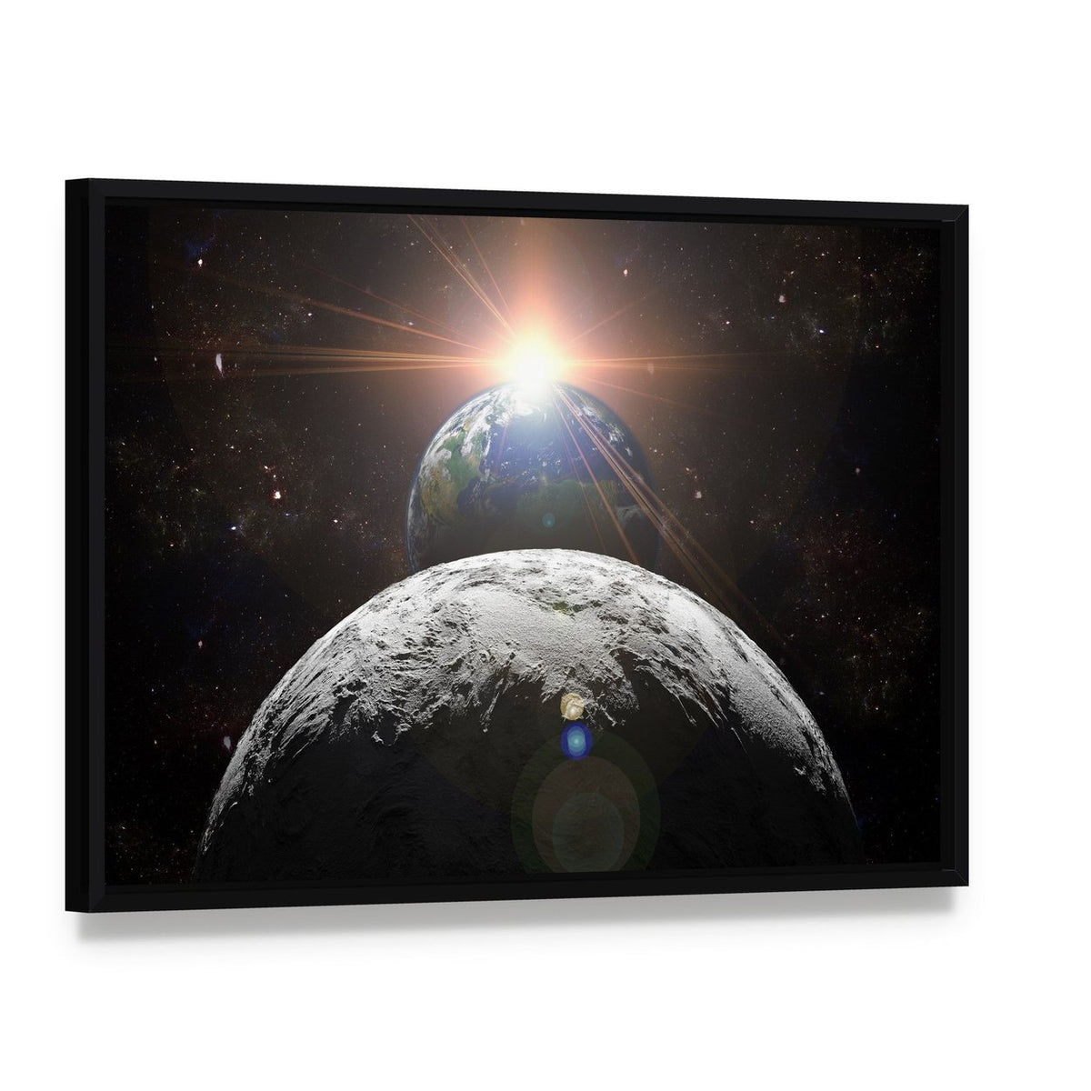 Earth, Moon, and Rising Sun Canvas Wall Art, framed canvas in a black floater frame, angled product view