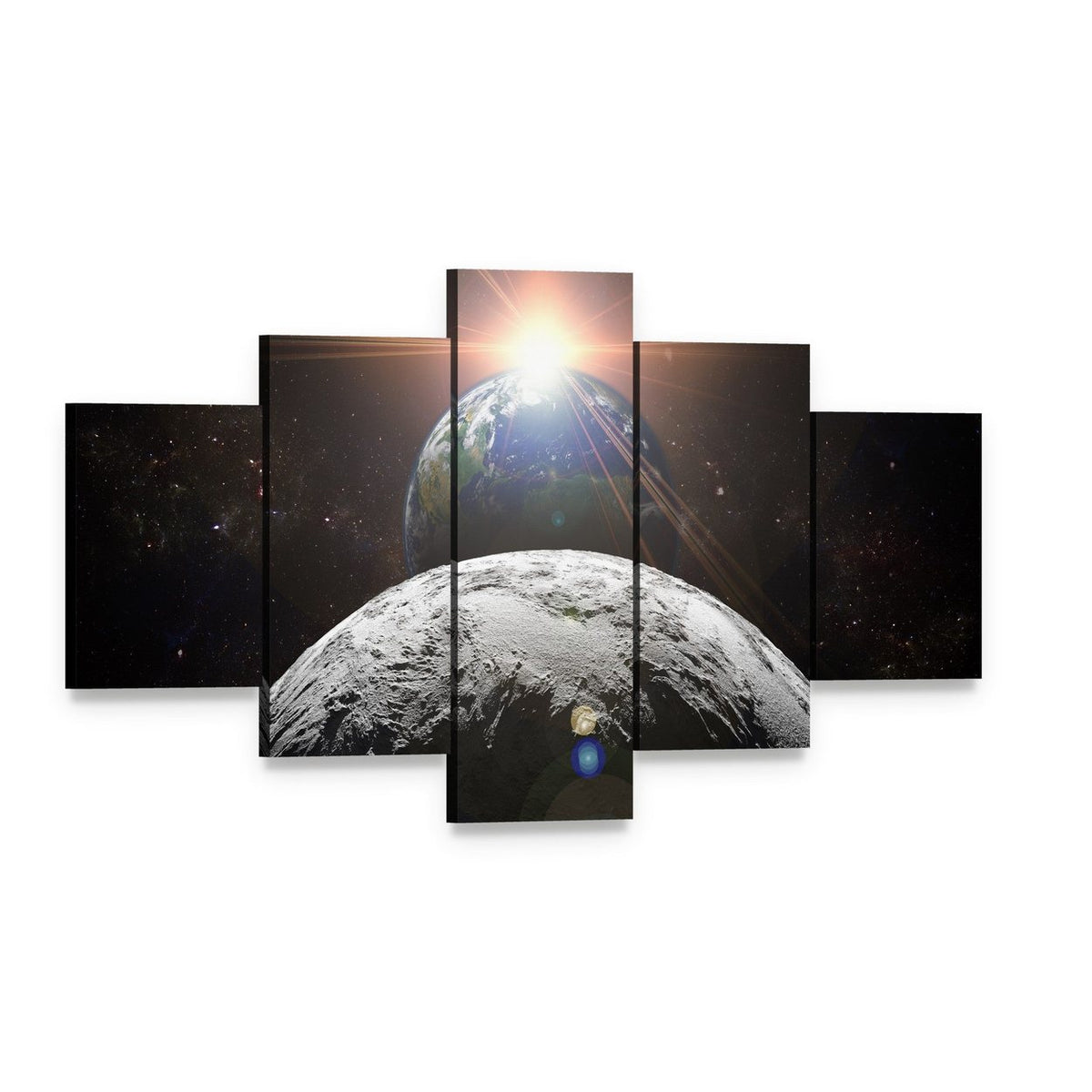 Earth, Moon, and Rising Sun Canvas Wall Art, 5 panel 5 Star layout gallery wrapped canvas set, angled product view