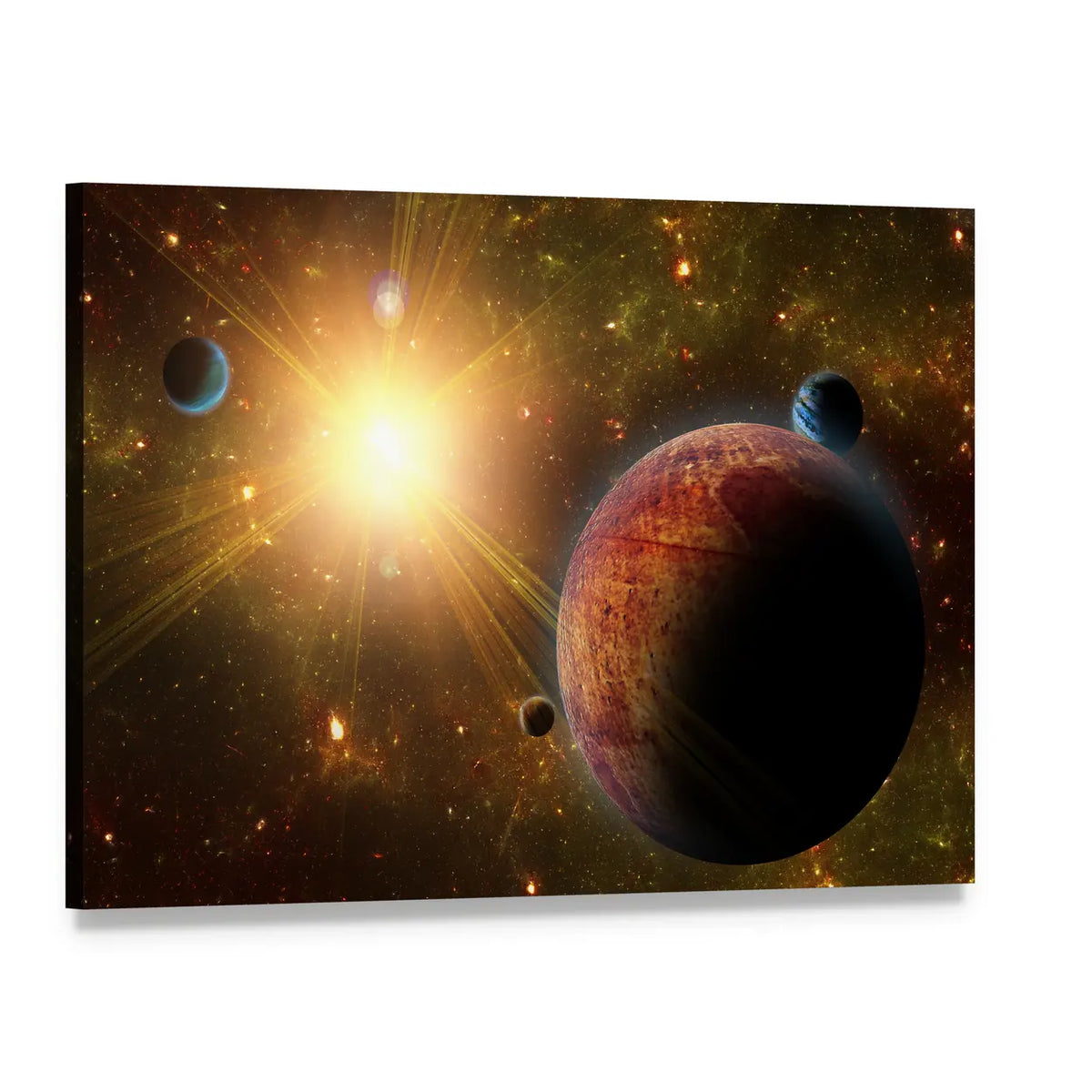 Red Planet, Moons, and Radiant Starfield Canvas Wall Art, single panel gallery wrapped canvas, angled product view