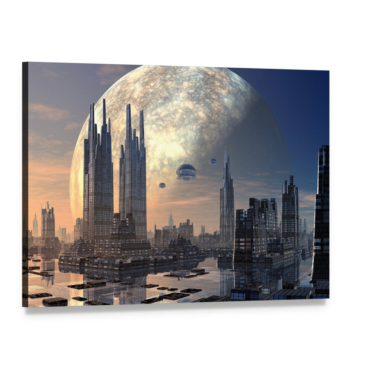 Futuristic Alien City on Water Canvas Wall Art, single panel gallery wrapped canvas, angled product view