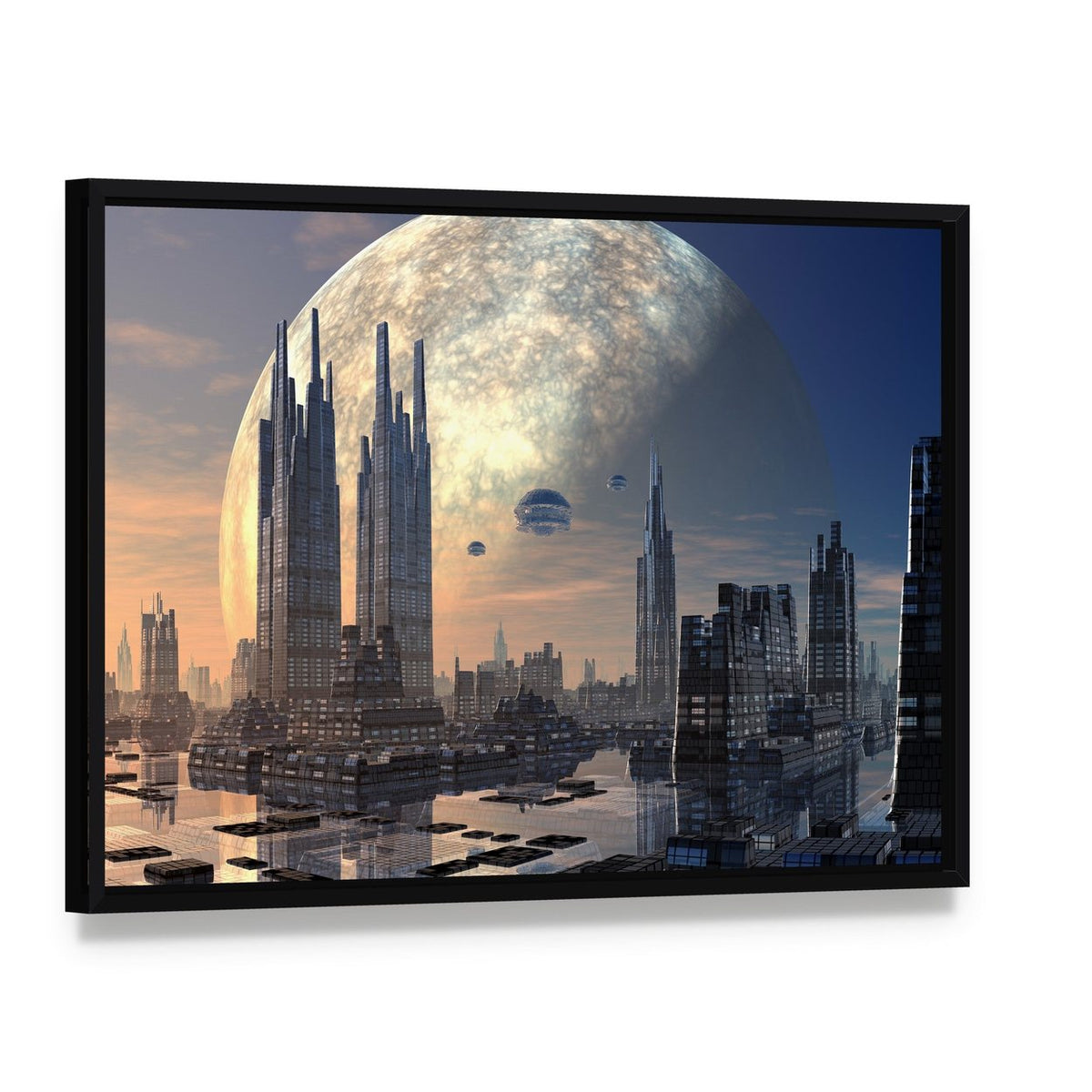 Futuristic Alien City on Water Canvas Wall Art, framed canvas in a black floater frame, angled product view