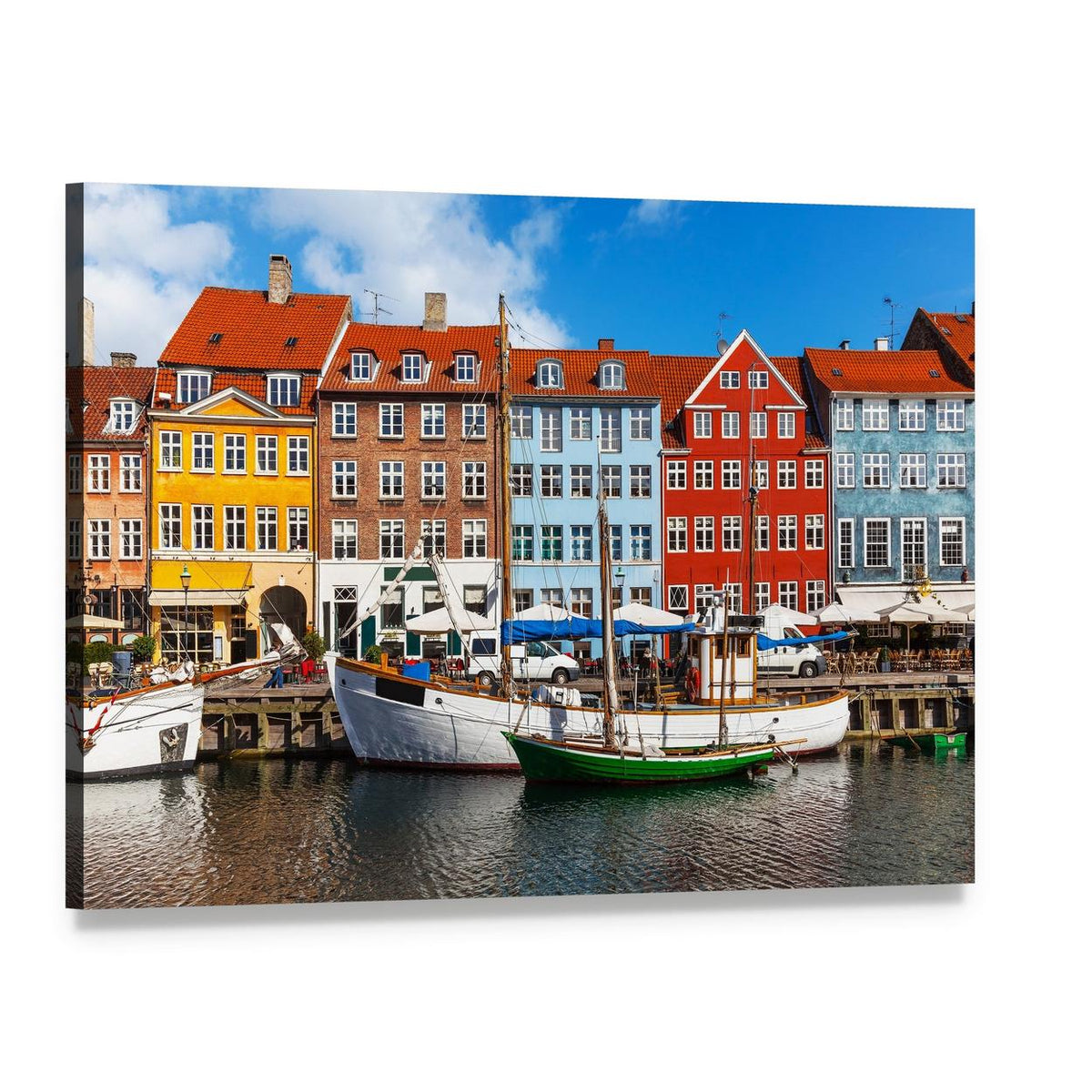 Colorful Buildings and Boats at Nyhavn Canvas Wall Art, single panel gallery wrapped canvas, angled product view