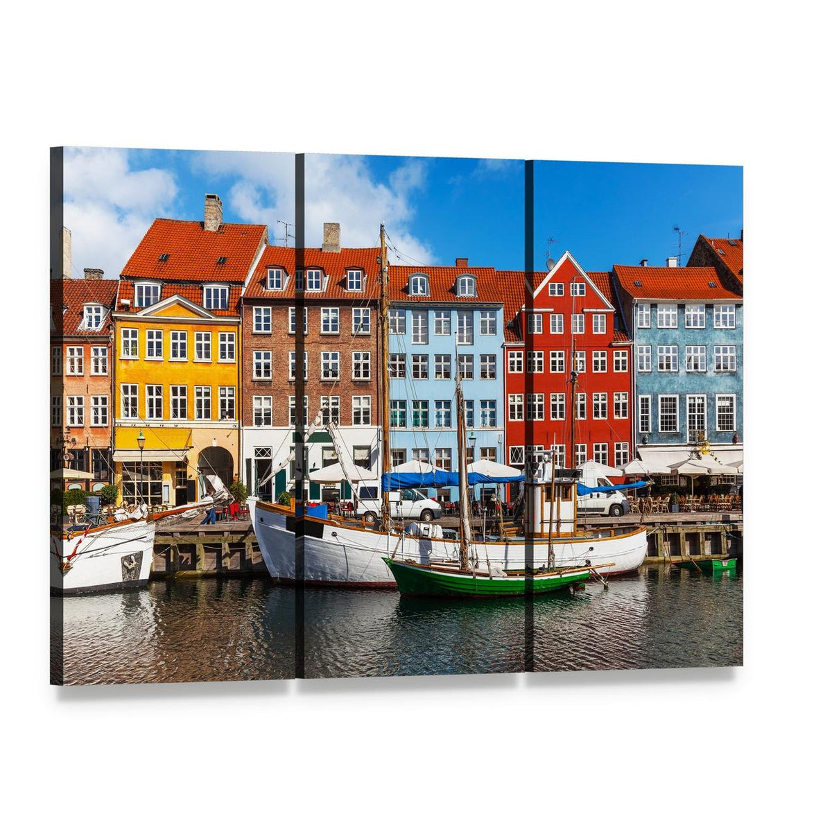 Colorful Buildings and Boats at Nyhavn Canvas Wall Art, 3 panel 3 Horizontal layout gallery wrapped canvas set, angled product view