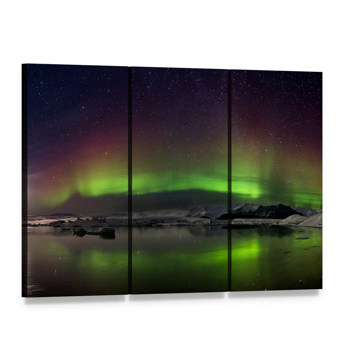 Aurora Borealis Over Moonlit Lake Canvas Wall Art, 3 panel 3 Horizontal layout gallery wrapped canvas set, angled product view