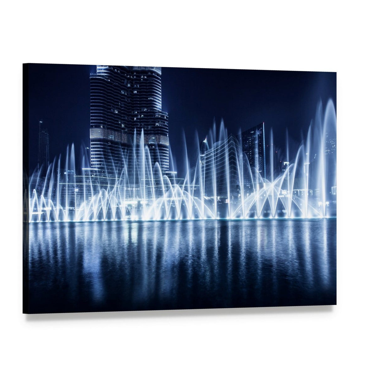 Dancing Fountains Under City Lights Canvas Wall Art, single panel gallery wrapped canvas, angled product view