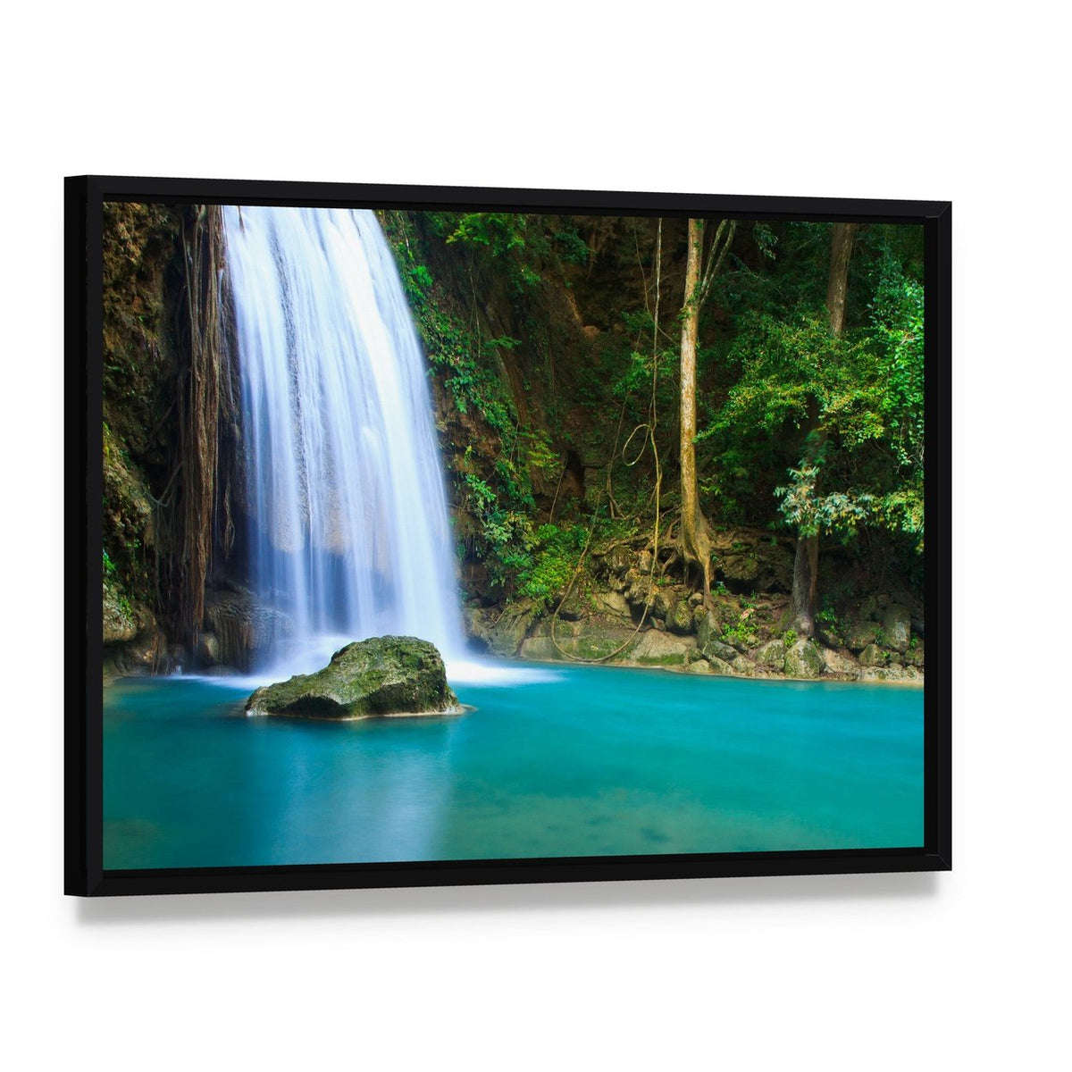 Waterfall in the Forest Canvas Wall Art, framed canvas in a black floater frame, angled product view