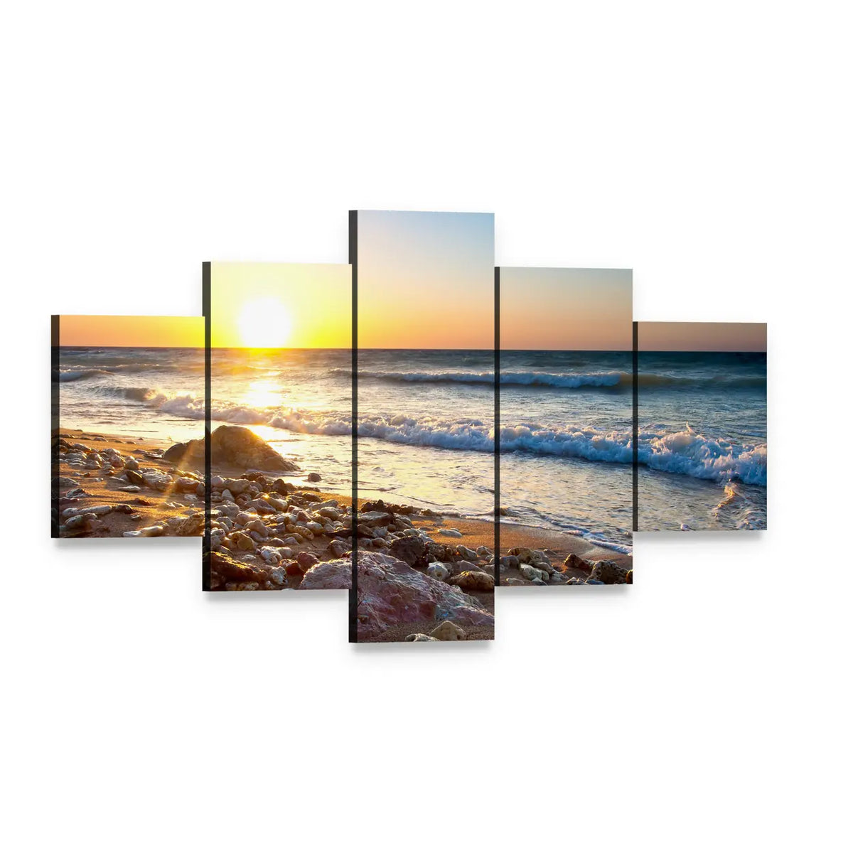Sunset Seascape with Pebble Shore Canvas Wall Art, 5 panel 5 Star layout gallery wrapped canvas set, angled product view