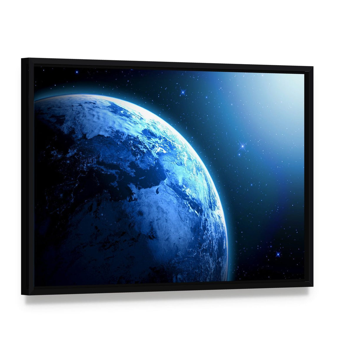 View of Planet from Space Canvas Wall Art, framed canvas in a black floater frame, angled product view
