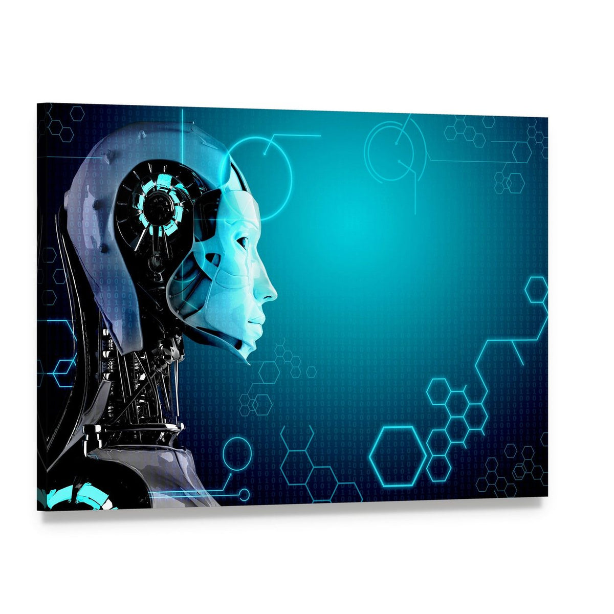 Transparent Robot Head with Blue Circuitry Canvas Wall Art, single panel gallery wrapped canvas, angled product view