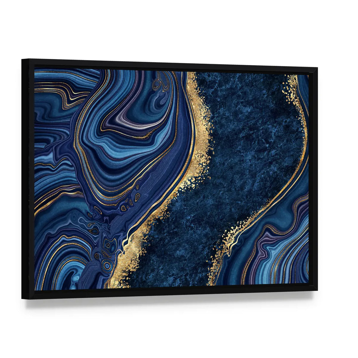Blue Agate with Gold Veins Canvas Wall Art, framed canvas in a black floater frame, angled product view