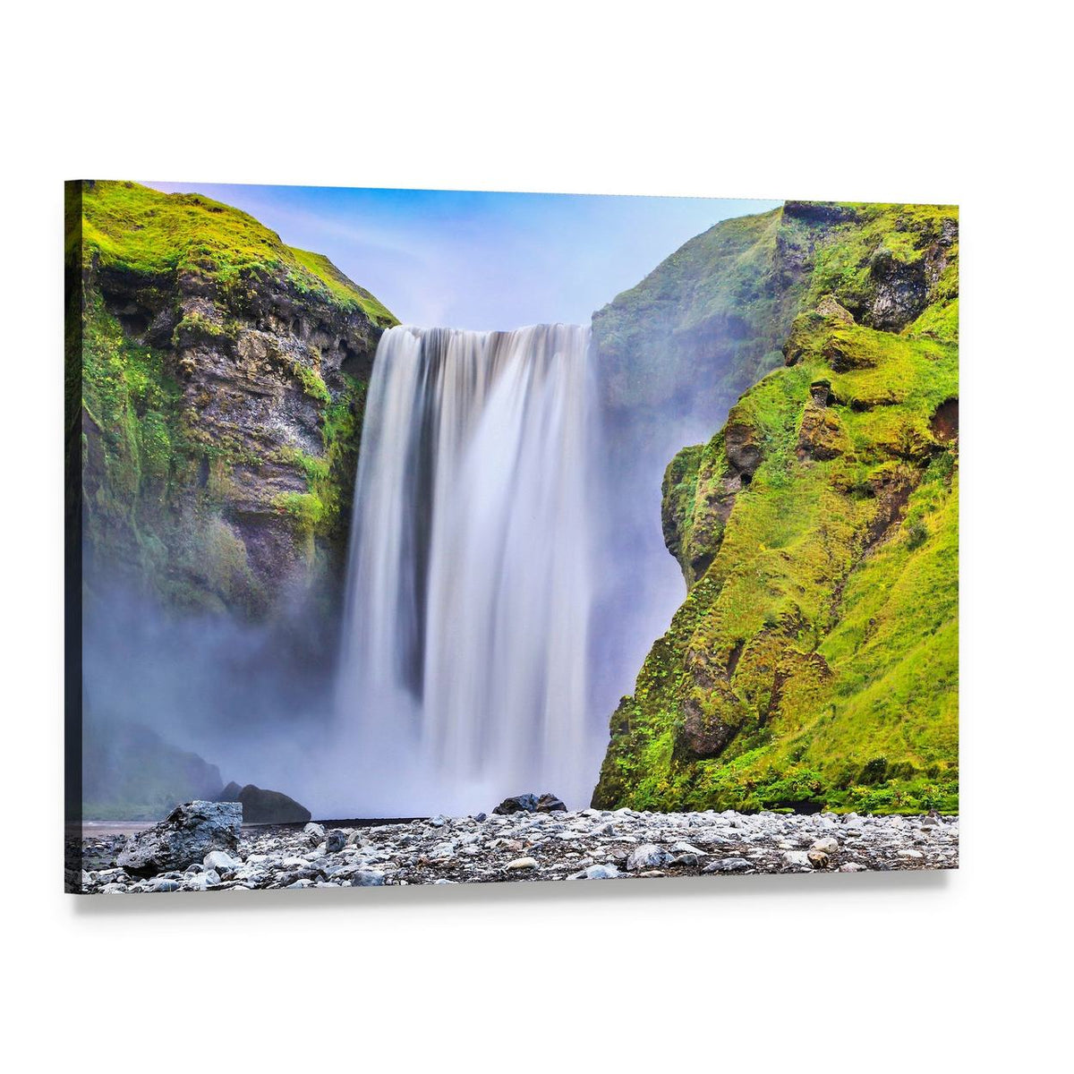 Skógafoss Waterfall with Mossy Rocks Canvas Wall Art, single panel gallery wrapped canvas, angled product view