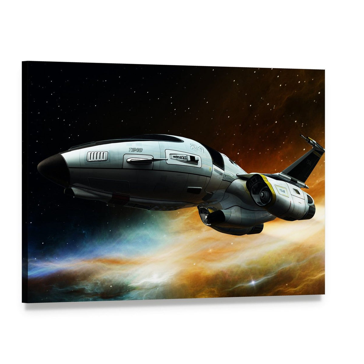 Yellow-accented Spacecraft Over Nebula Canvas Wall Art, single panel gallery wrapped canvas, angled product view