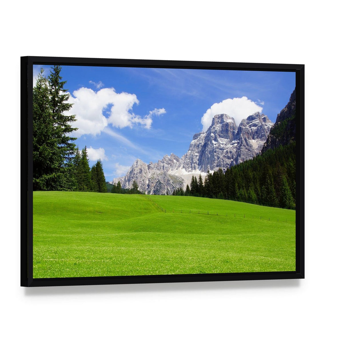 Dolomites Landscape Italy Canvas Wall Art, framed canvas in a black floater frame, angled product view