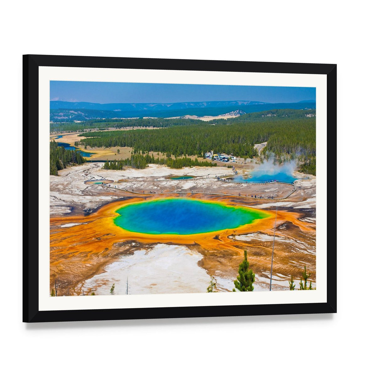 Grand Prismatic Spring Canvas Wall Art, framed print with white mat and black frame, angled product view
