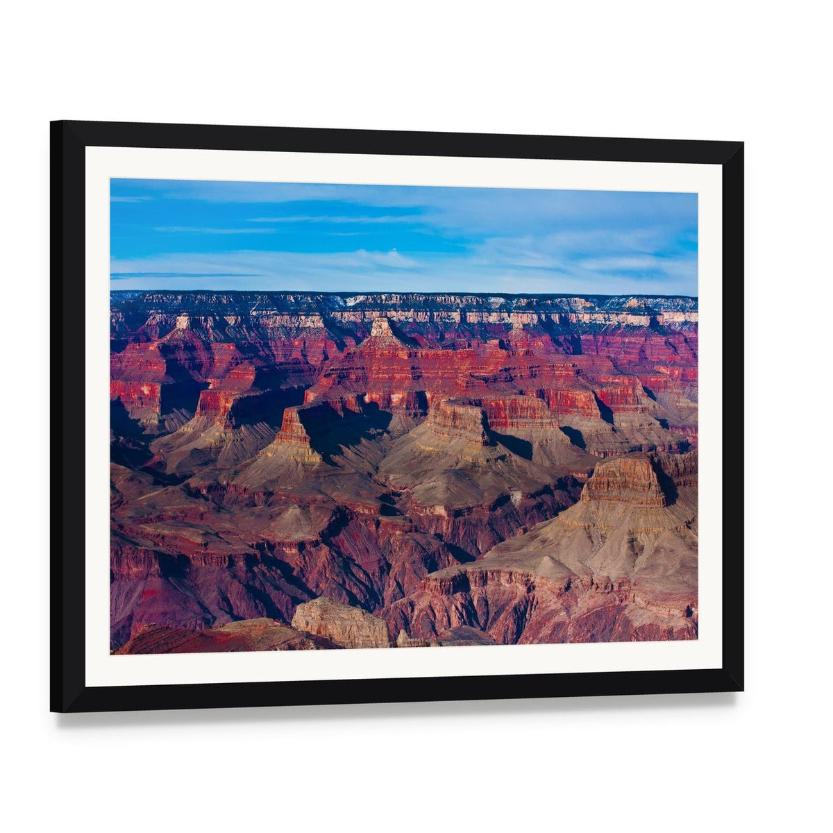 Famous Grand Canyon Canvas Wall Art, framed print with white mat and black frame, angled product view