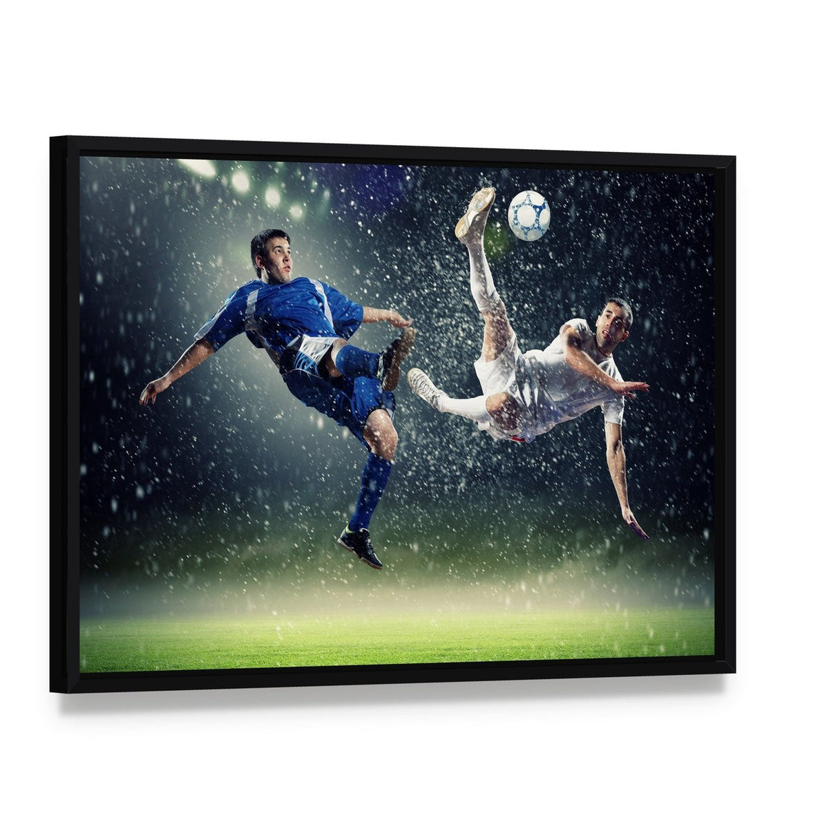 Football Player in Jump Canvas Wall Art, framed canvas in a black floater frame, angled product view