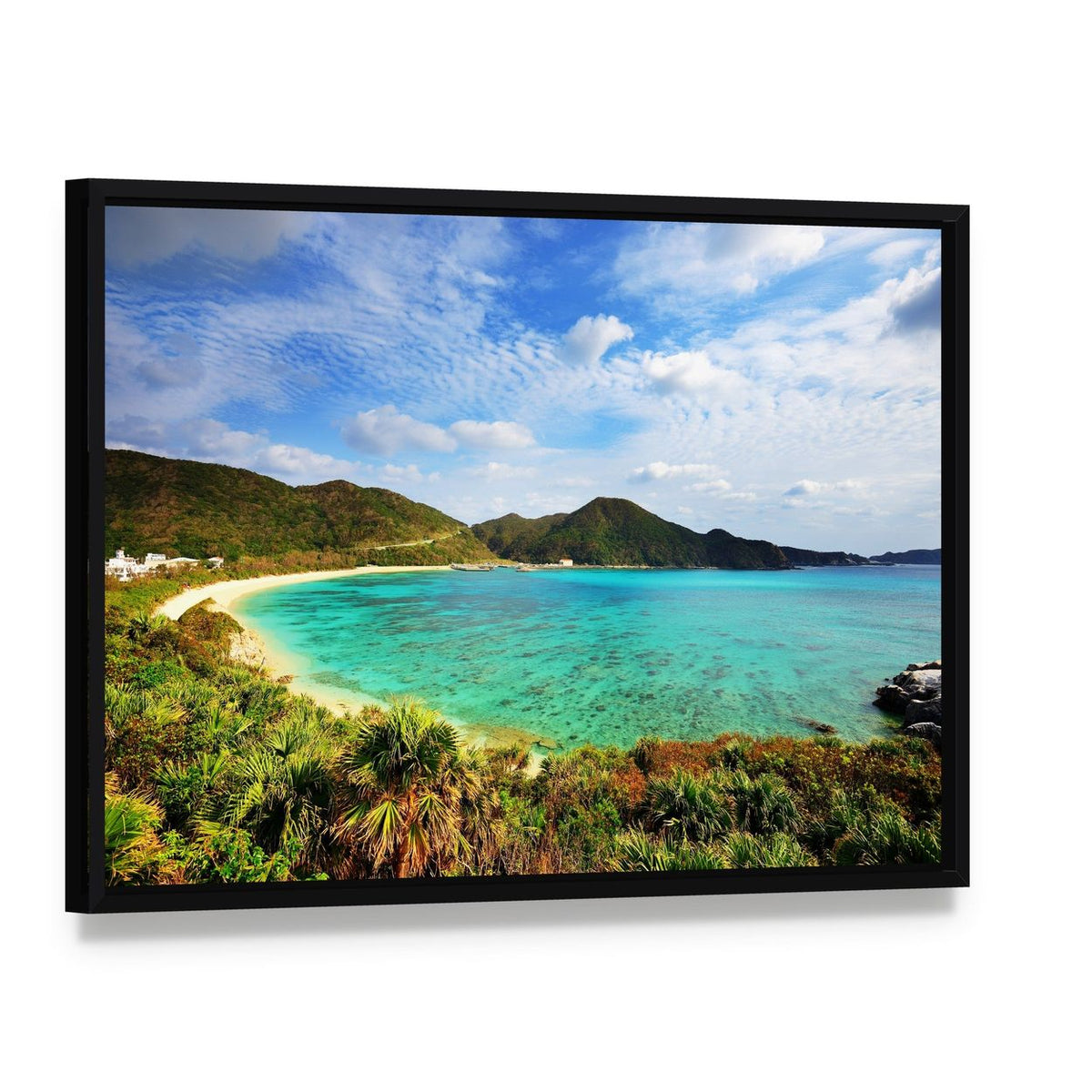 Aharen Beach Seascape Canvas Wall Art, framed canvas in a black floater frame, angled product view