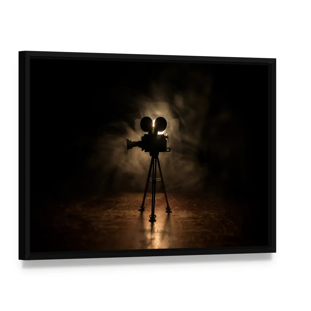 Vintage Film Camera on Tripod Canvas Wall Art, framed canvas in a black floater frame, angled product view
