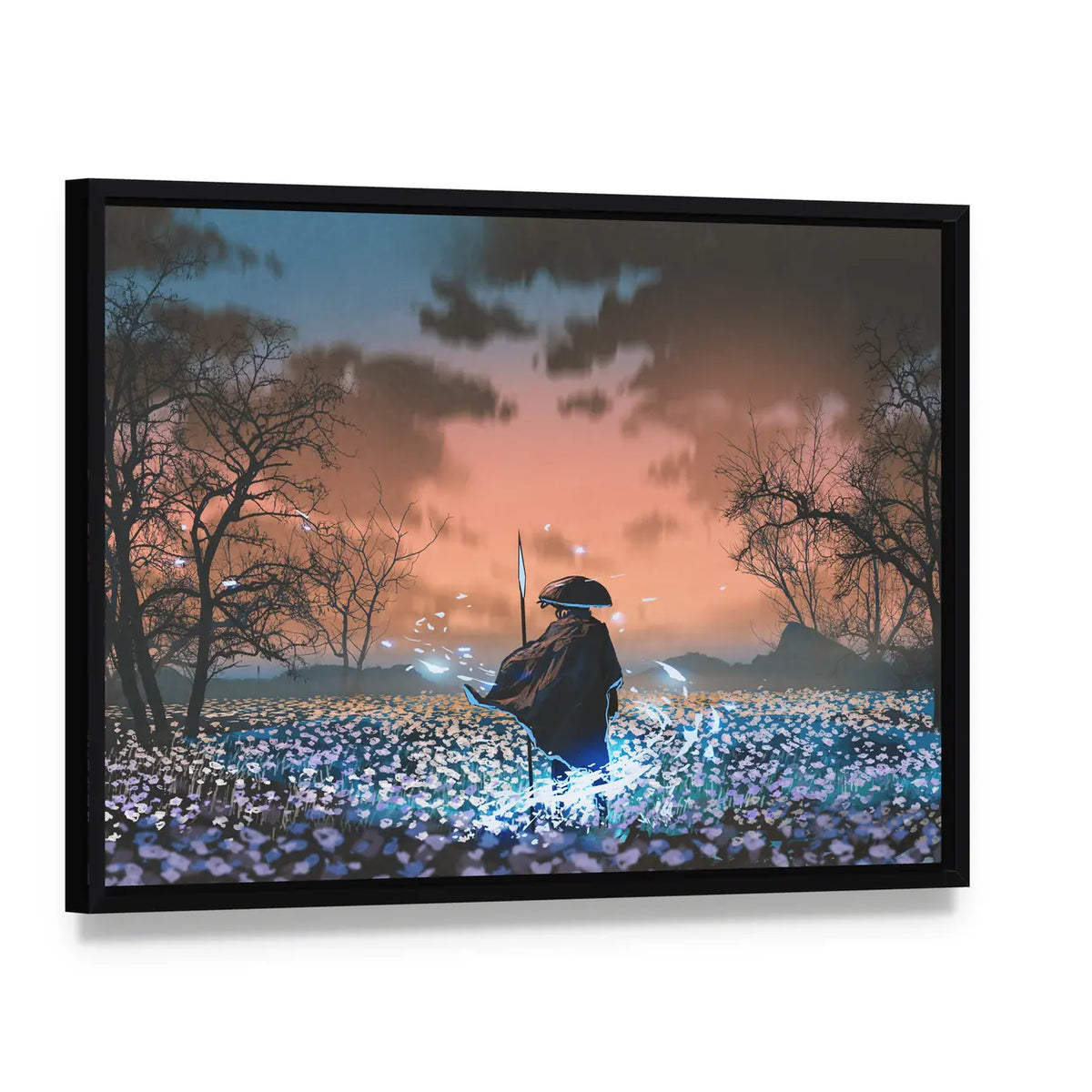 Ancient Samurai in Flowered Meadow Canvas Wall Art, framed canvas in a black floater frame, angled product view