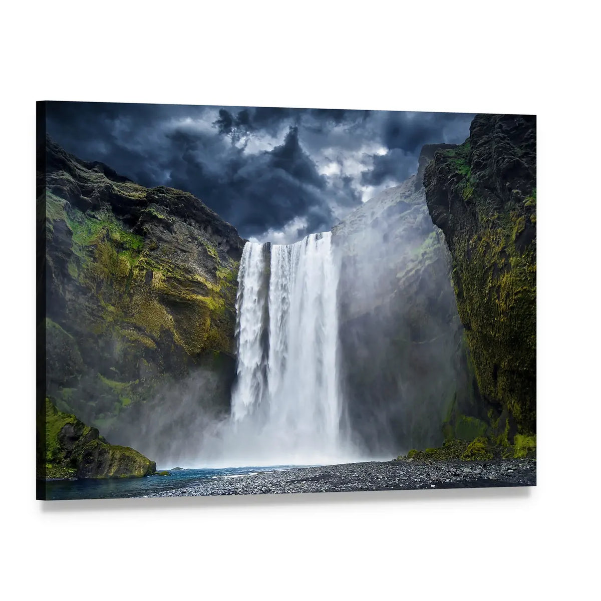 Iceland Waterfall with Moss and Mist Canvas Wall Art, single panel gallery wrapped canvas, angled product view