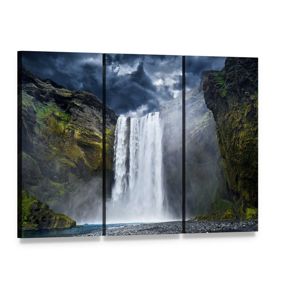 Iceland Waterfall with Rising Mist Canvas Wall Art, 3 panel 3 Horizontal layout gallery wrapped canvas set, angled product view
