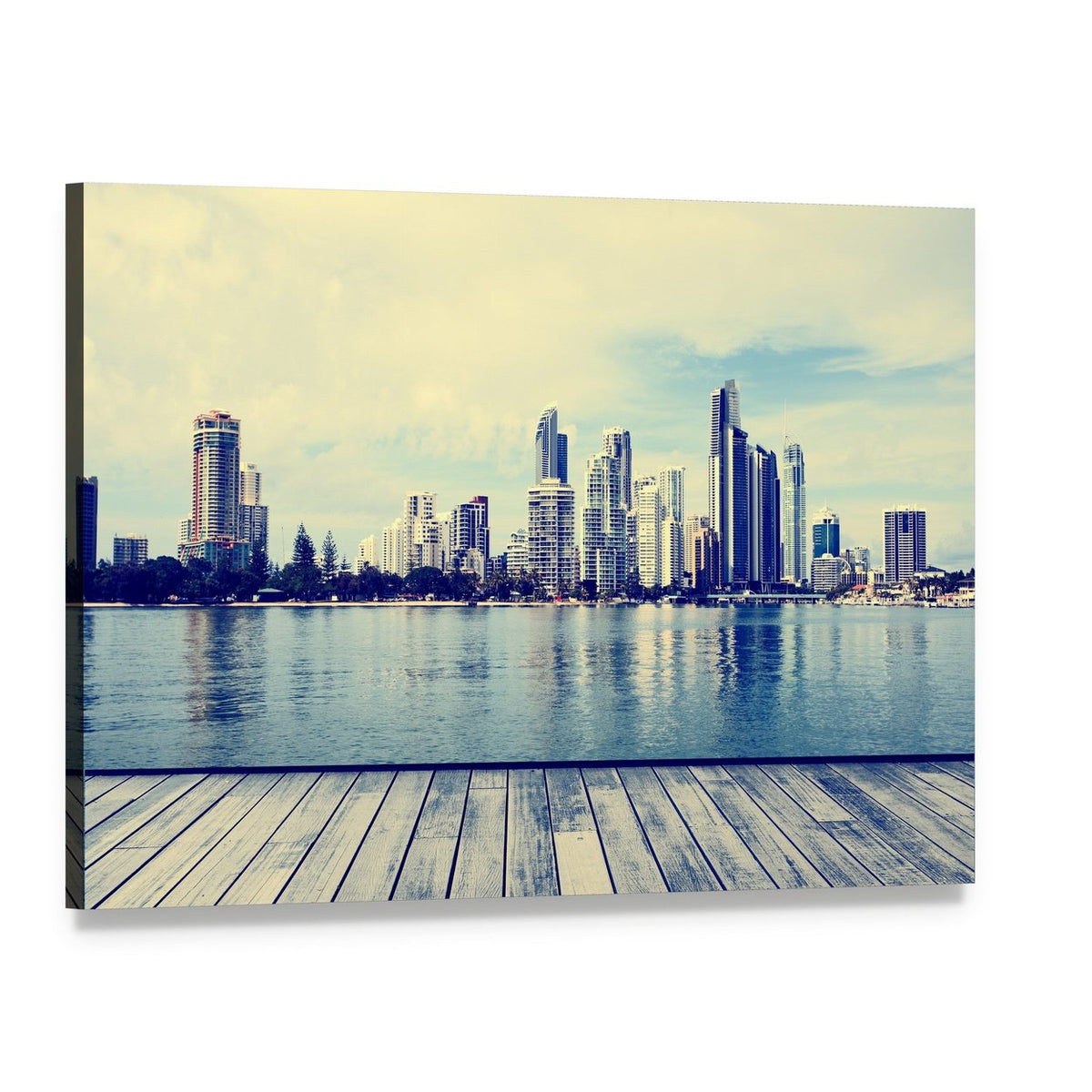 Gold Coast City Skyline with Wooden Pier Canvas Wall Art, single panel gallery wrapped canvas, angled product view