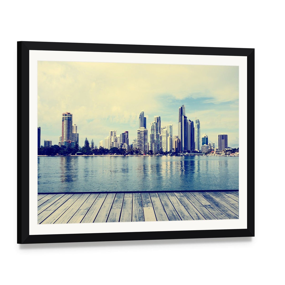 Gold Coast City Skyline with Wooden Pier Canvas Wall Art, framed print with white mat and black frame, angled product view
