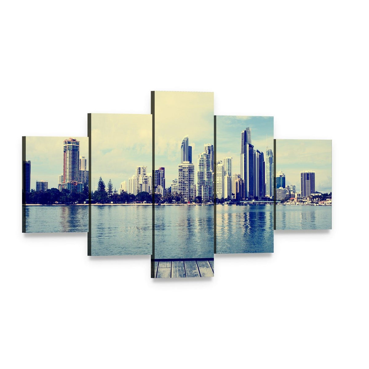 Gold Coast City Skyline with Wooden Pier Canvas Wall Art, 5 panel 5 Star layout gallery wrapped canvas set, angled product view
