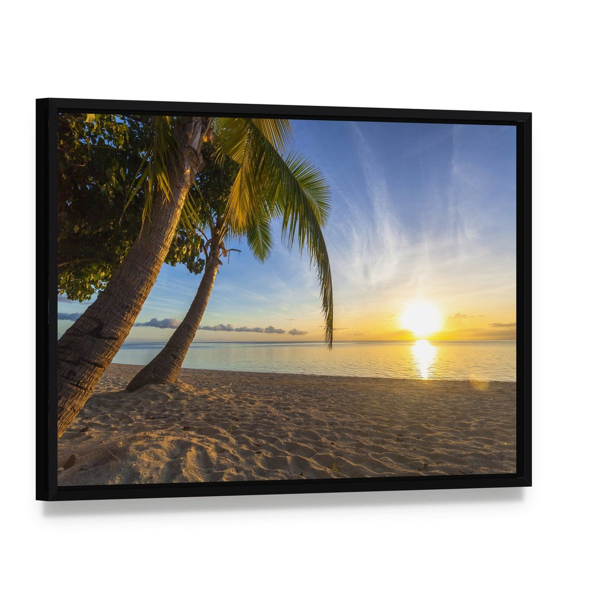 Sunset Over Tropical Fiji Beach Canvas Wall Art, framed canvas in a black floater frame, angled product view