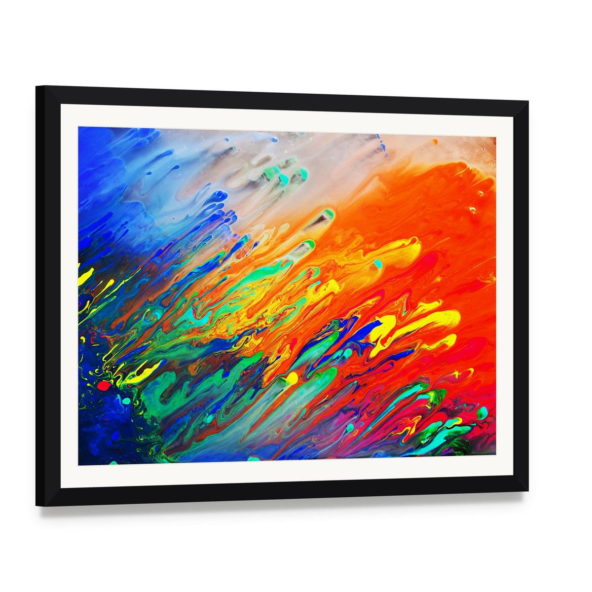 Colorful Abstract Acrylic Canvas Wall Art, framed print with white mat and black frame, angled product view