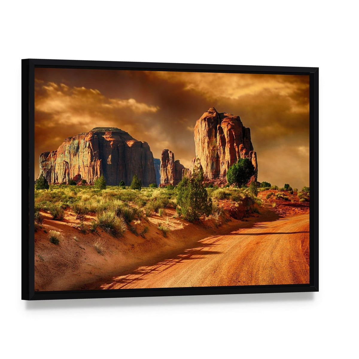 Road Through Monument Valley Canvas Wall Art, framed canvas in a black floater frame, angled product view