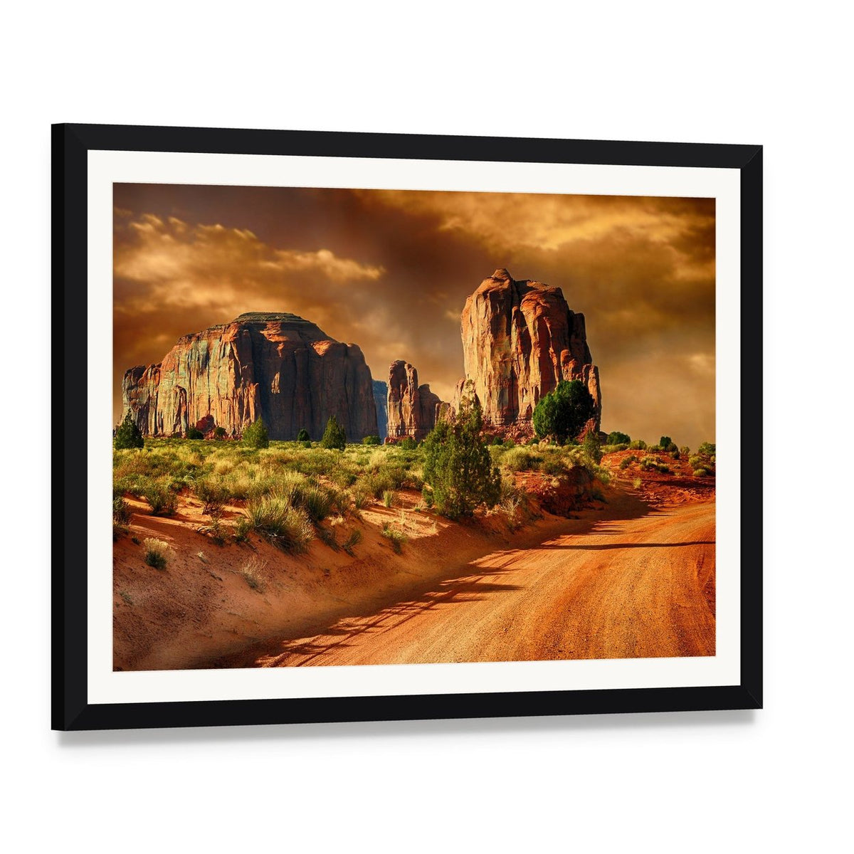 Road Through Monument Valley Canvas Wall Art, framed print with white mat and black frame, angled product view