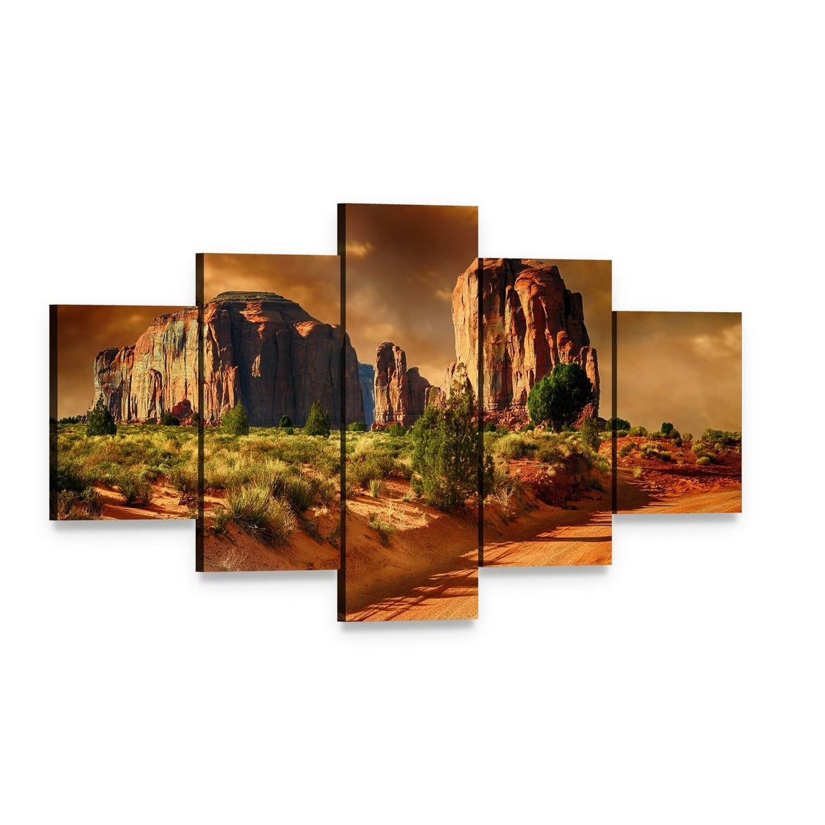Road Through Monument Valley Canvas Wall Art, 5 panel 5 Star layout gallery wrapped canvas set, angled product view