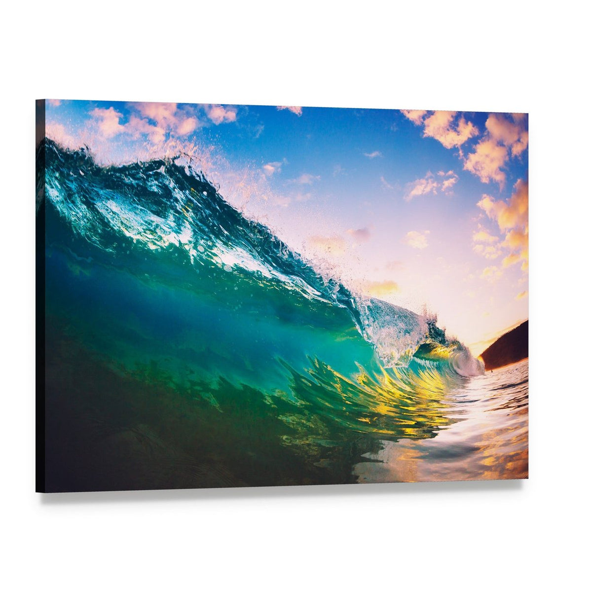 Ocean Wave at Sunset Canvas Wall Art, single panel gallery wrapped canvas, angled product view