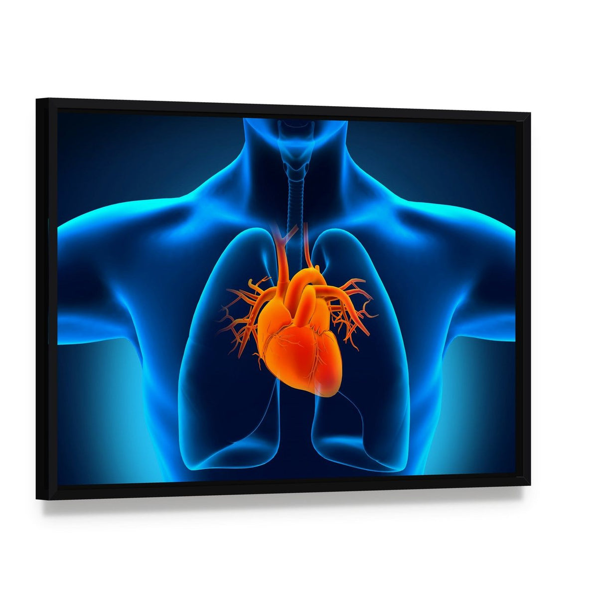 Glowing Anatomical Heart and Lungs Canvas Wall Art, framed canvas in a black floater frame, angled product view