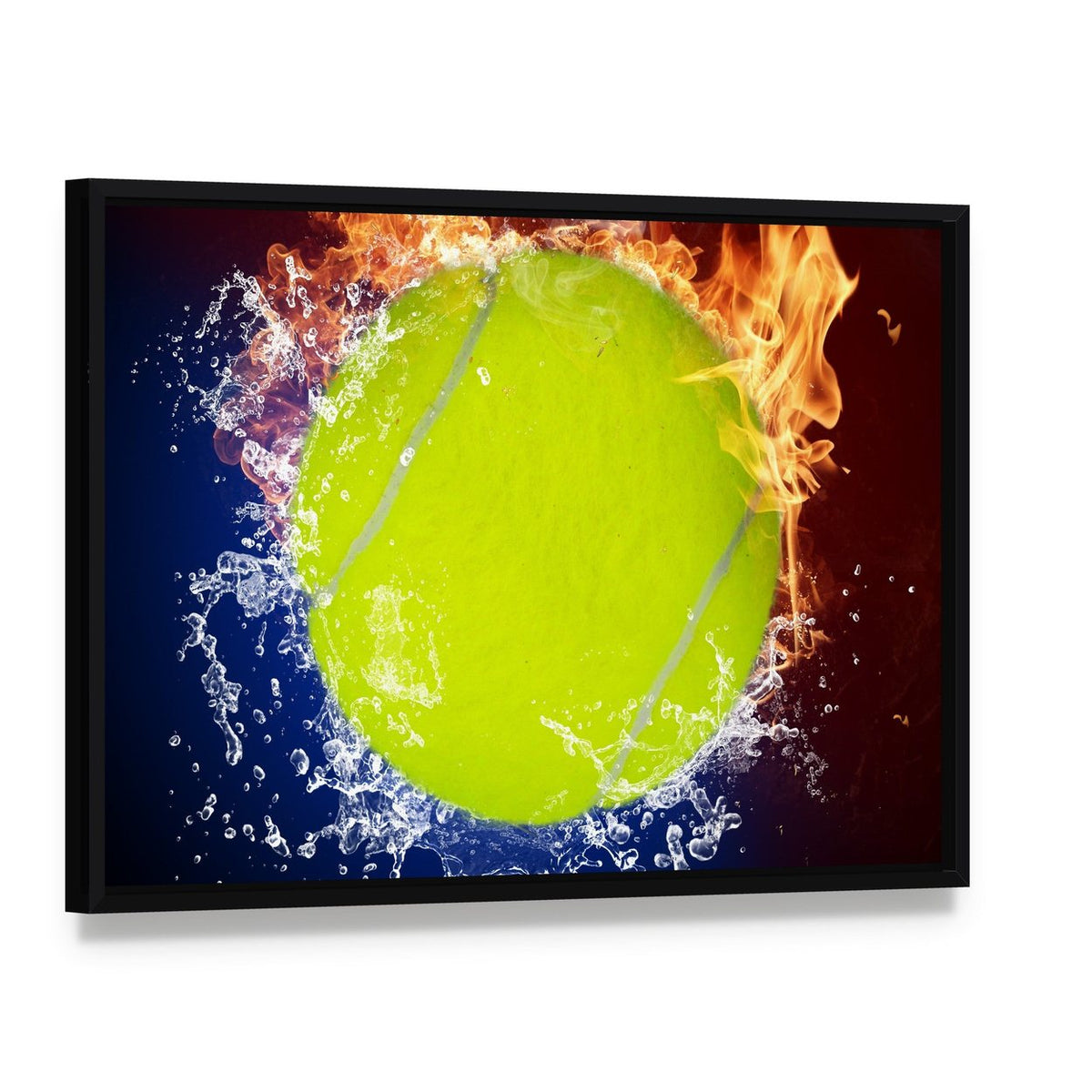 Tennis Ball in Fire Flames and Splashing Water Canvas Wall Art, framed canvas in a black floater frame, angled product view
