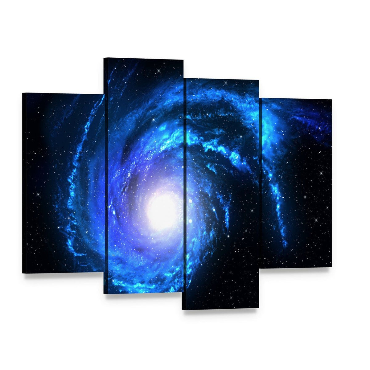 Blue Spiral Galaxy Canvas Wall Art, 4 panel 4 Pop layout gallery wrapped canvas set, angled product view