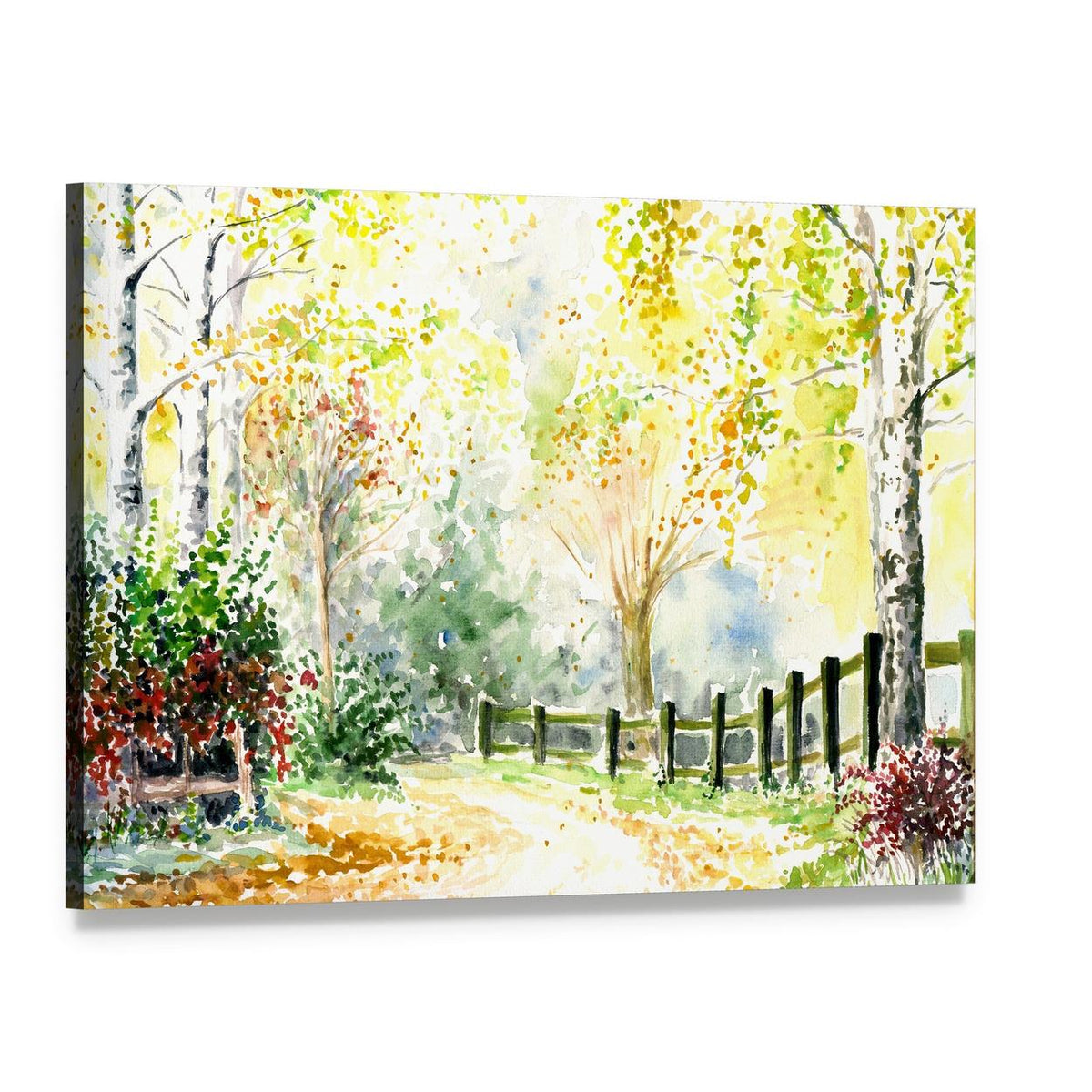 Road Fence and Trees in Autumn Canvas Wall Art, single panel gallery wrapped canvas, angled product view
