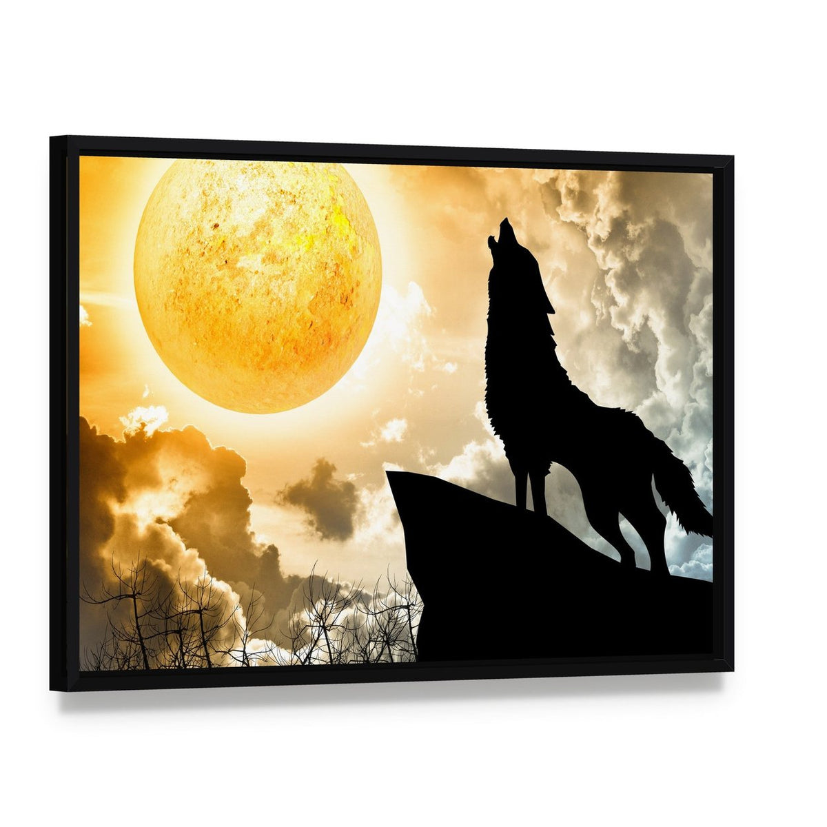 Silhouette of Wolf Howling Canvas Wall Art, framed canvas in a black floater frame, angled product view