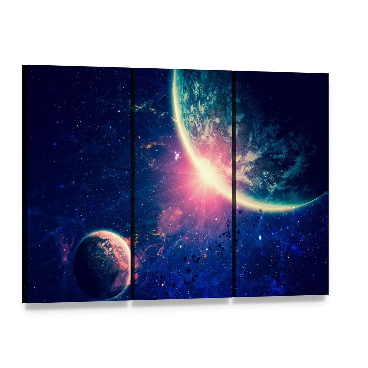 Beautiful Space Background Canvas Wall Art, 3 panel 3 Horizontal layout gallery wrapped canvas set, angled product view