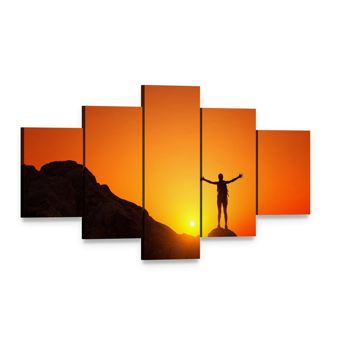 Man on Mountain Celebrating at Sunset Canvas Wall Art, 5 panel 5 Star layout gallery wrapped canvas set, angled product view