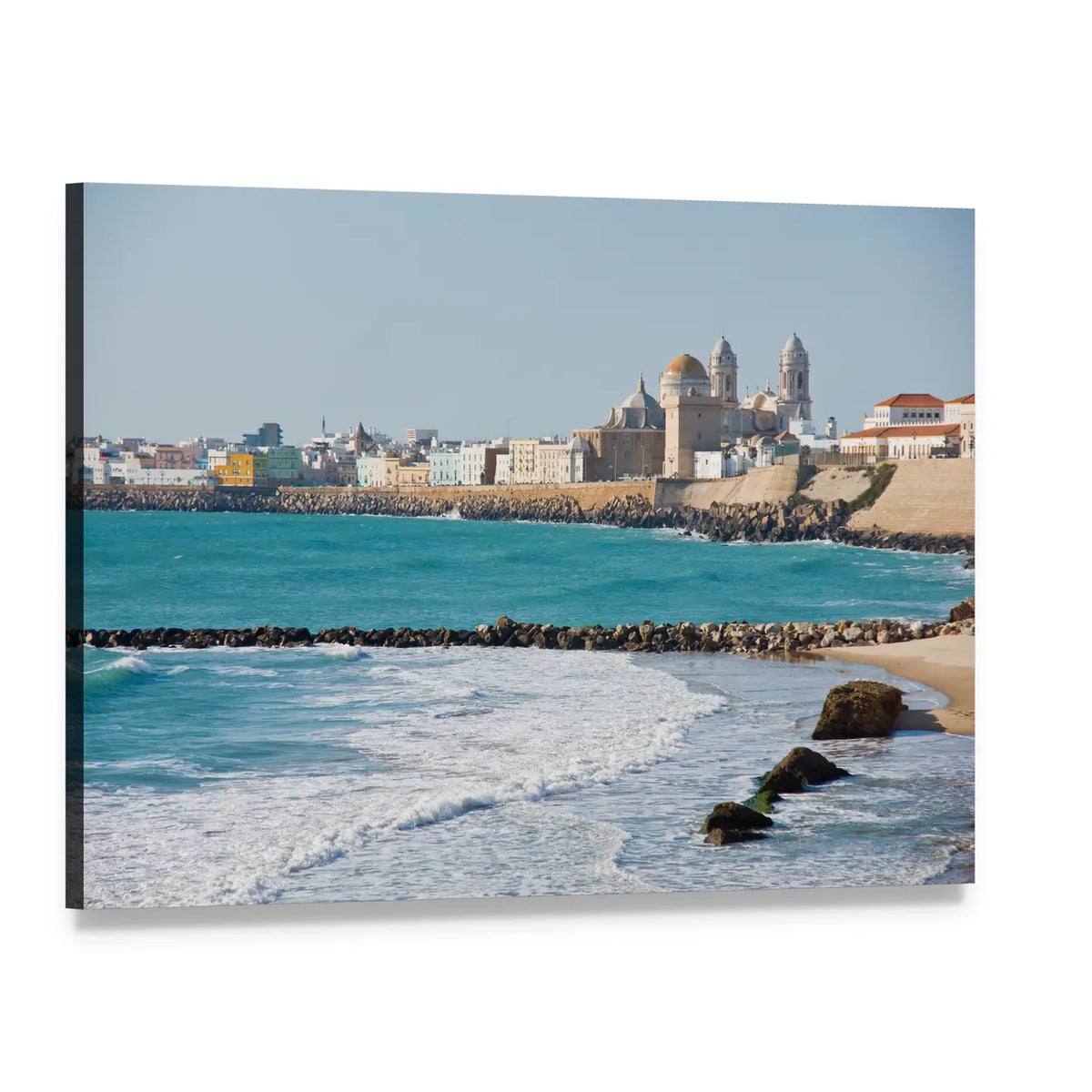 Coastal City Beach with Domed Cathedral Canvas Wall Art, single panel gallery wrapped canvas, angled product view