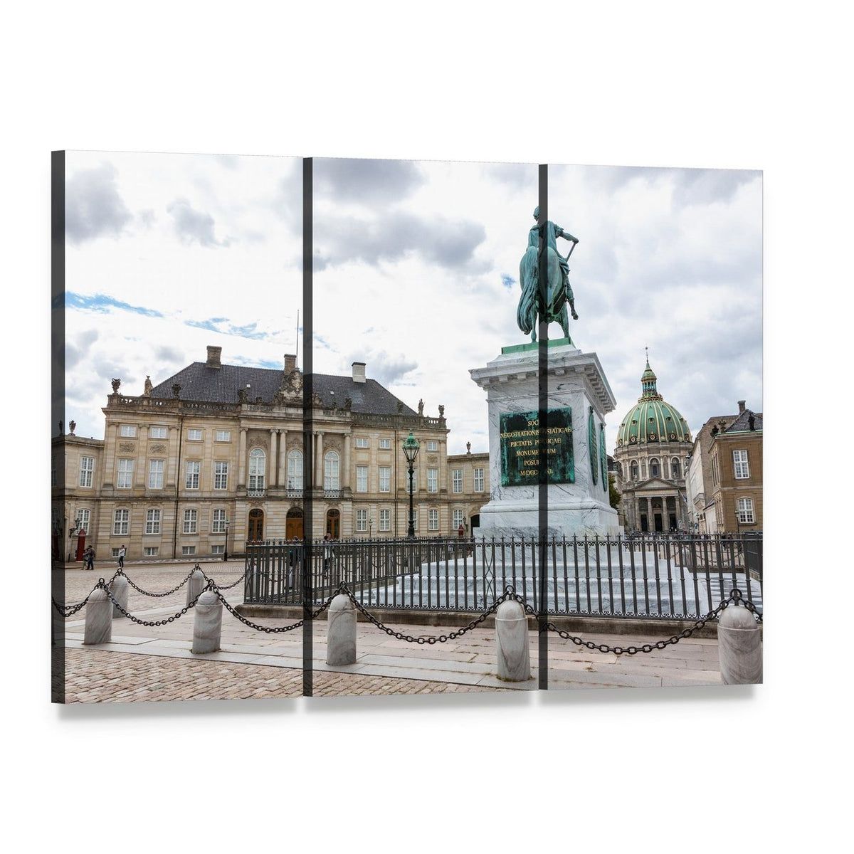 Amalienborg Palace with Equestrian Statue Canvas Wall Art, 3 panel 3 Horizontal layout gallery wrapped canvas set, angled product view