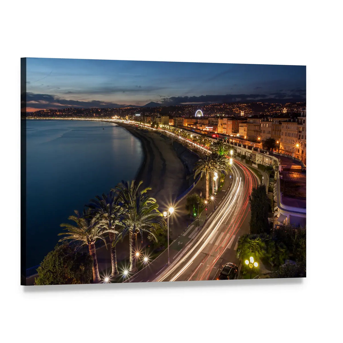 Nice Night Coastline Cityscape Canvas Wall Art, single panel gallery wrapped canvas, angled product view