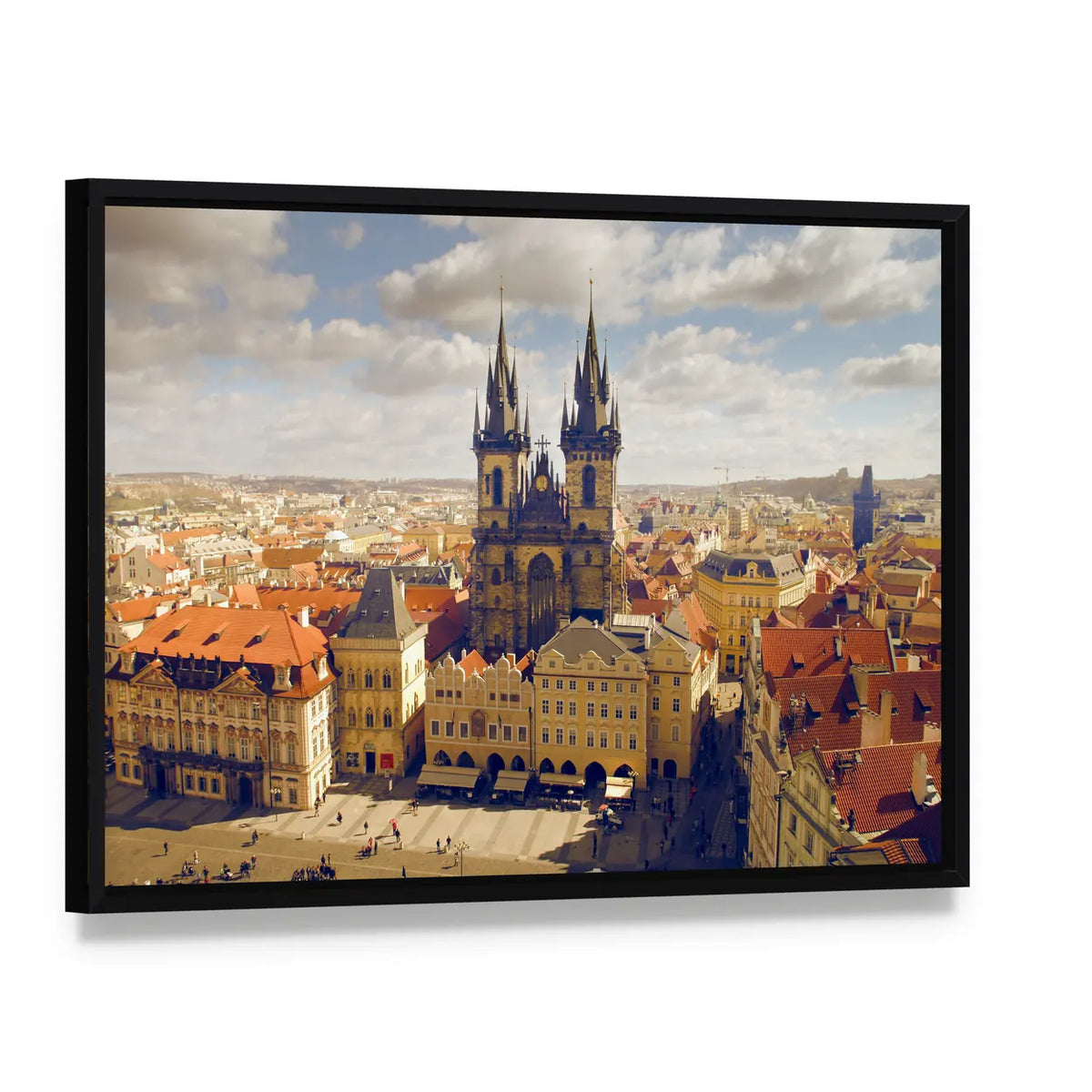 Main Square in Prague Canvas Wall Art, framed canvas in a black floater frame, angled product view
